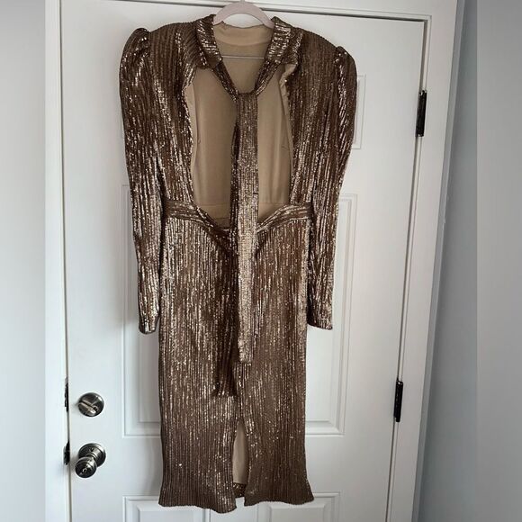 LAVISH ALICE GOLD SEQUIN OPEN BACK DRESS - SIZE 12 long sleeve midi bow detail - Picture 4 of 5